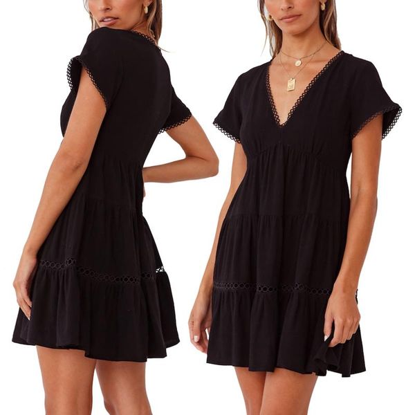 female a-line summer dress women casual solid color deep v-neck vestidos short sleeve sundress for summer white 2021 new, Black;gray
female a-line summer dress women casual solid color deep v-neck vestidos short sleeve sundress for summer white 2021 new, Black;gray