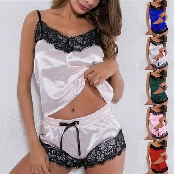women's sleepwear pajamas set home suit and shorts v-neck sleeveless satin lace pijama clothes for women 2021, Black;red
women's sleepwear pajamas set home suit and shorts v-neck sleeveless satin lace pijama clothes for women 2021, Black;red
