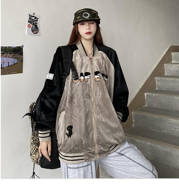 women's jackets autumn letter embroidery loose velvet baseball jacket women, Black;brown
women's jackets autumn letter embroidery loose velvet baseball jacket women, Black;brown