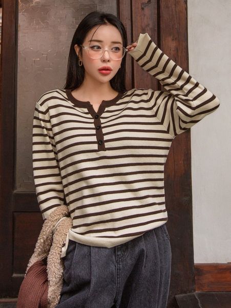 dazy striped pattern half button sweater y0e9#, White 
dazy striped pattern half button sweater y0e9#, White