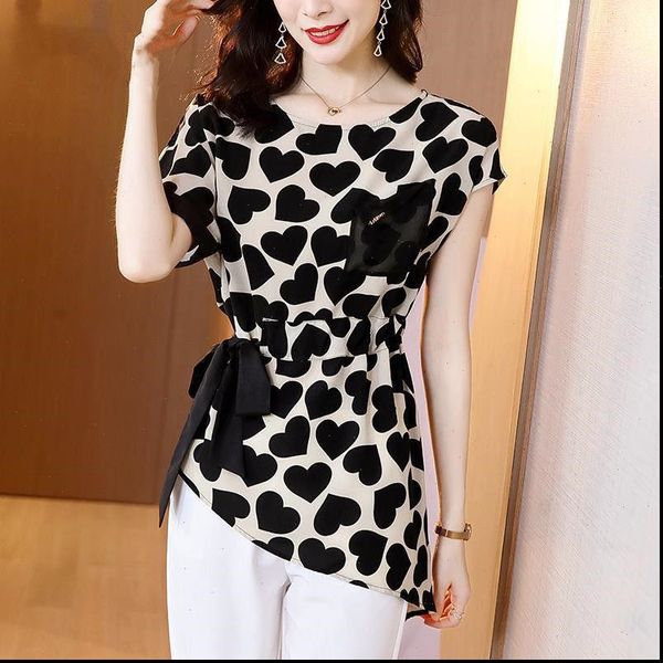 women spring summer style chiffon blouses shirts lady casual short sleeve o neck heart printed chiffon blusas dd8831, White