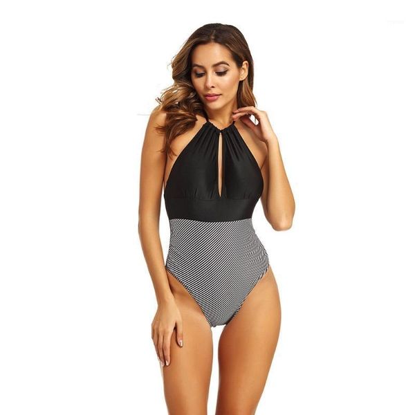 women's halter striped bikini swimsuit backless sleeveless women & girls swimwear swimdress, White;black
women's halter striped bikini swimsuit backless sleeveless women & girls swimwear swimdress, White;black