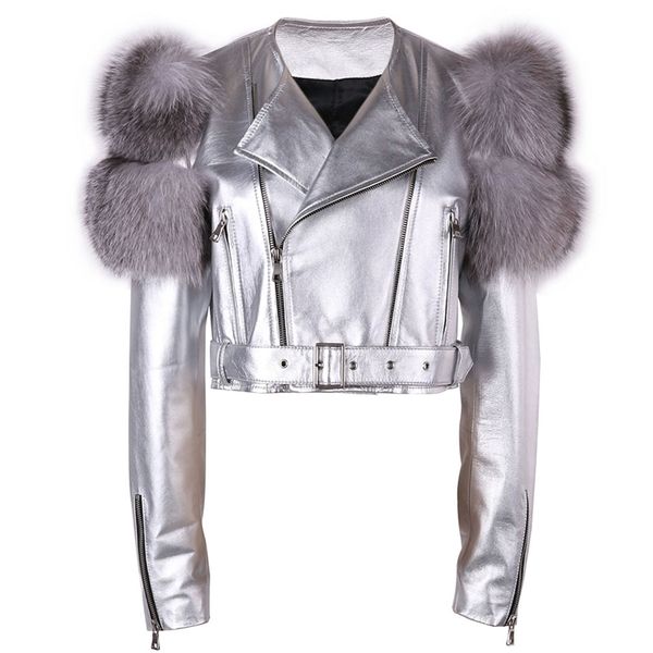 yoloagain shiny sliver women motorcycle leather jacket with real fur sleeve 211215, Black
yoloagain shiny sliver women motorcycle leather jacket with real fur sleeve 211215, Black
