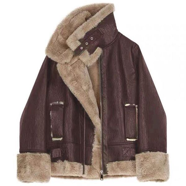 women's leather & faux trendy winter women mink lapel pu fit jacket loose zipper locomotive coat thick warm moto overcoat, Black
women's leather & faux trendy winter women mink lapel pu fit jacket loose zipper locomotive coat thick warm moto overcoat, Black