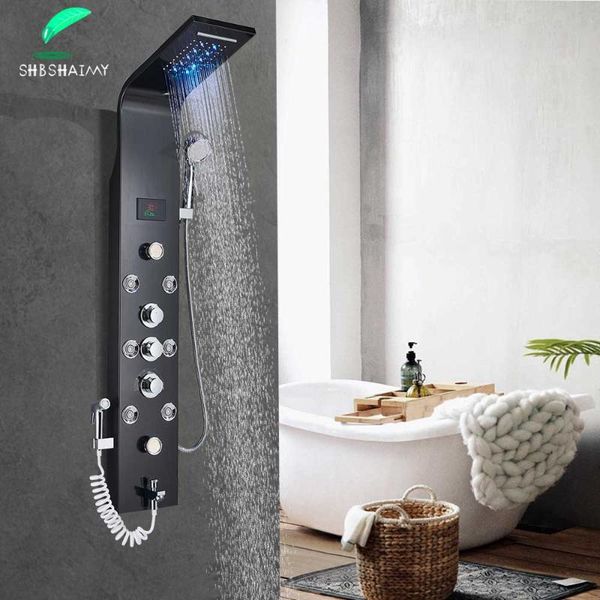 shbshaimy black shower panel wall mounted led rainfall waterfall shower head rain massage stainless steel bathroom panel 
shbshaimy black shower panel wall mounted led rainfall waterfall shower head rain massage stainless steel bathroom panel