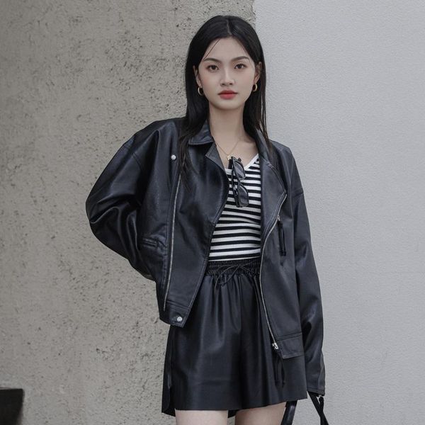 women's leather & faux autumn jacket korean style fashion shorts pu coat zipper motorcycle streetwear ladies, Black
women's leather & faux autumn jacket korean style fashion shorts pu coat zipper motorcycle streetwear ladies, Black