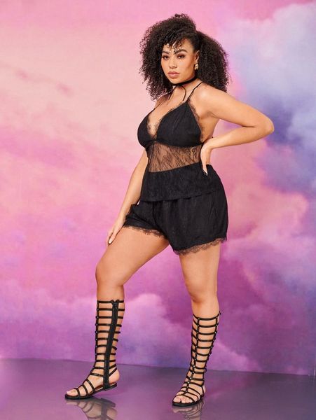 plus crisscross back lace cami & shorts pj set 628o#, Black;white