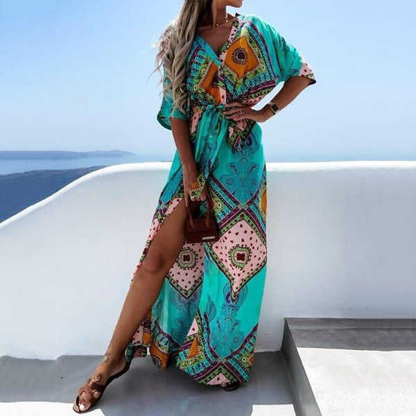 women's swimwear bikini cover-ups boho print long dress self belted beach tunic 2021 summer women wear swim suit cover up a940, White;black
women's swimwear bikini cover-ups boho print long dress self belted beach tunic 2021 summer women wear swim suit cover up a940, White;black