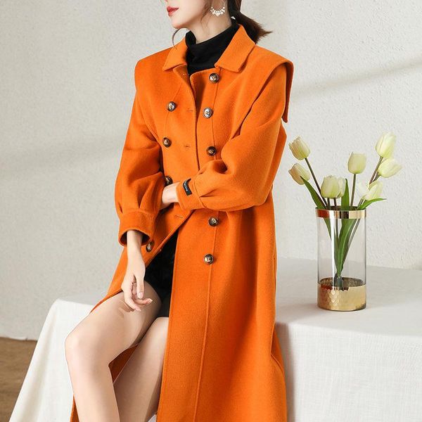 women's wool & blends 2021 autumn winter women elegant long coat with belt double breasted sleeve chic outerwear double-faced overcoat, Black
women's wool & blends 2021 autumn winter women elegant long coat with belt double breasted sleeve chic outerwear double-faced overcoat, Black
