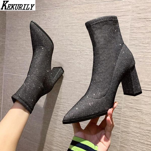 boots ankle women square high heels short socks boot pointed toe shoes autumn winter slip on pump bling zapatos de mujer, Black
boots ankle women square high heels short socks boot pointed toe shoes autumn winter slip on pump bling zapatos de mujer, Black