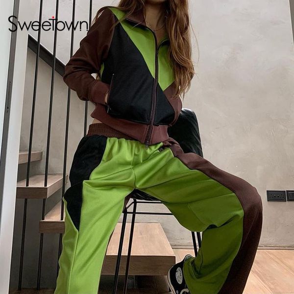 women's two piece pants sweetown contrast patchwork grunge pieces set woman suits vintage casual cropped jackets and sweatpants tracksu, White
women's two piece pants sweetown contrast patchwork grunge pieces set woman suits vintage casual cropped jackets and sweatpants tracksu, White
