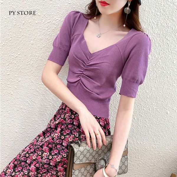 women's t-shirt korean style short sleeve knit v neck purple t shirt women 2021 summer fashion, White
women's t-shirt korean style short sleeve knit v neck purple t shirt women 2021 summer fashion, White