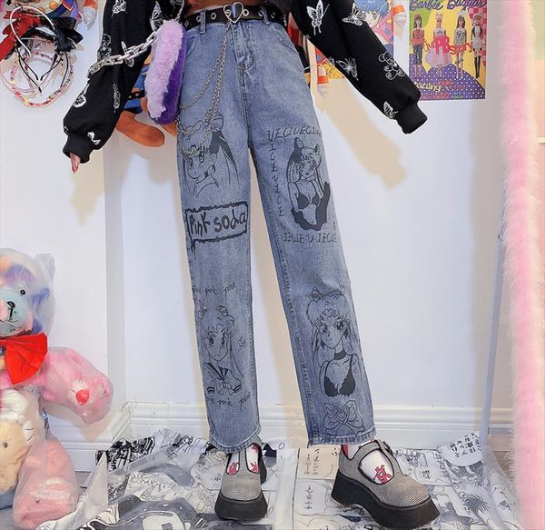 korean harajuku style college beautiful womens jeans girl anime printed casual loose wide leg trousers, Blue
korean harajuku style college beautiful womens jeans girl anime printed casual loose wide leg trousers, Blue