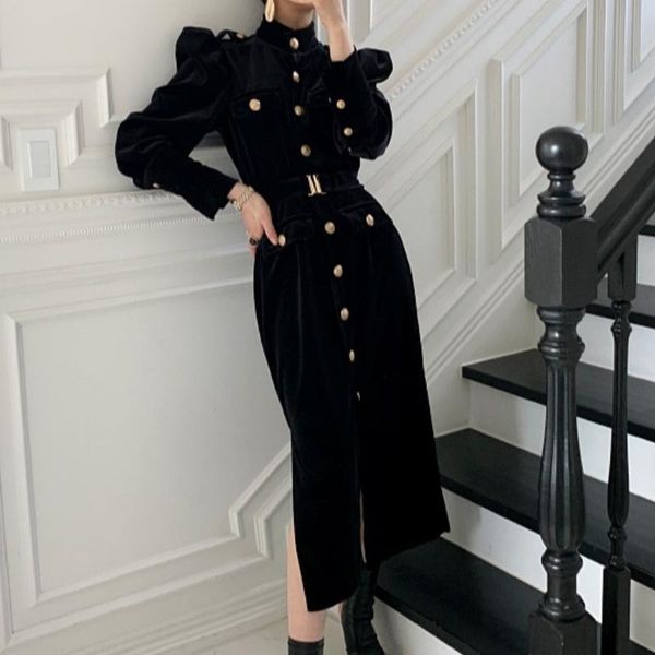 casual dresses french style elegant puff long sleeve velvet one-piece half high collar single breasted solid women dress belt slim fit vesti, Black;gray
casual dresses french style elegant puff long sleeve velvet one-piece half high collar single breasted solid women dress belt slim fit vesti, Black;gray