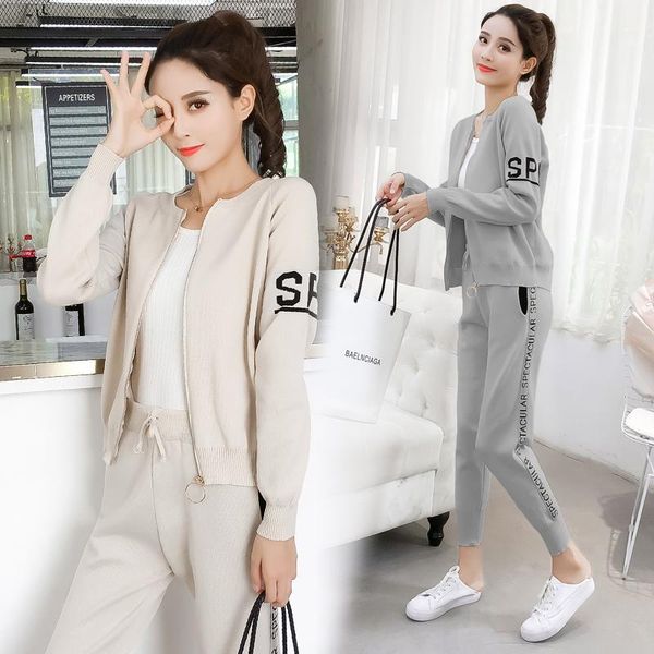 women's tracksuits 2021spring and autumn fashion knit sweater sports suit cardigan thin casual pants two sets of tide, Gray 
women's tracksuits 2021spring and autumn fashion knit sweater sports suit cardigan thin casual pants two sets of tide, Gray