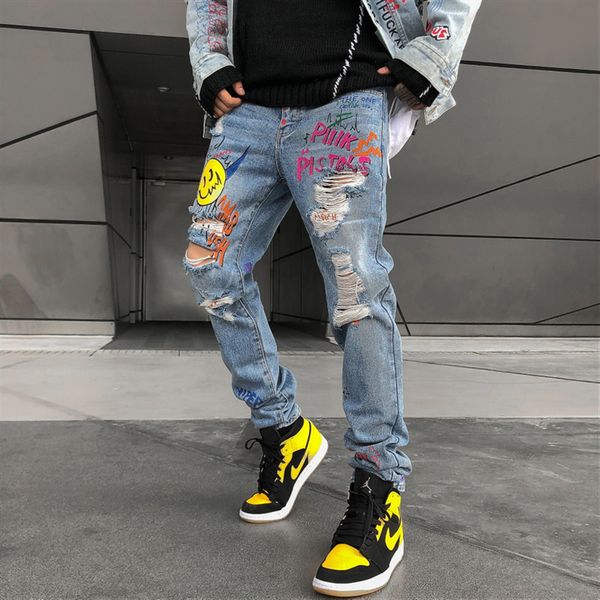 men's jeans men ripped street graffiti printed beggar hipster hip hop knee holes distressed loose cotton casual denim trousers 2ok, Blue
men's jeans men ripped street graffiti printed beggar hipster hip hop knee holes distressed loose cotton casual denim trousers 2ok, Blue