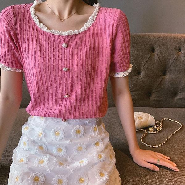 women's t-shirt women lace edge crop sweet girls square collar short sleeve knitted tees flower button slim chic casual tshirt summer, White
women's t-shirt women lace edge crop sweet girls square collar short sleeve knitted tees flower button slim chic casual tshirt summer, White