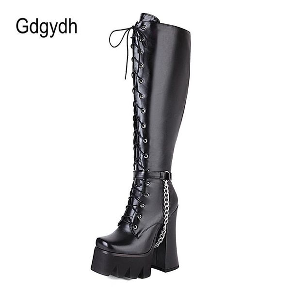 boots gdgydh arrival 15cm wild high heel women's gothic chain winter women knee platform thick bottom plus size, Black