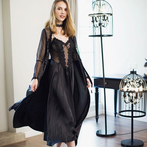 women's sleepwear women lace bath robe lingerie ice silk nightdress set nightgown long sleeping dress black white sleeve, Black;red
women's sleepwear women lace bath robe lingerie ice silk nightdress set nightgown long sleeping dress black white sleeve, Black;red