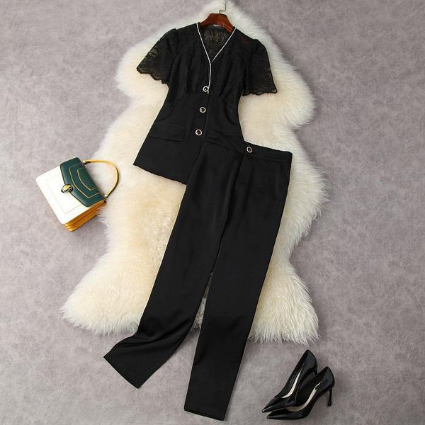 women's two piece pants european and american wear for summer 2021 short sleeved v-neck lace shirt nine minutes of fashion suits, White
women's two piece pants european and american wear for summer 2021 short sleeved v-neck lace shirt nine minutes of fashion suits, White