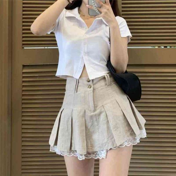 two-piece suit of korean super spicy girl polo collar cardigan t-shirt cotton and linen lace stitching pleated skirt, Gray 
two-piece suit of korean super spicy girl polo collar cardigan t-shirt cotton and linen lace stitching pleated skirt, Gray