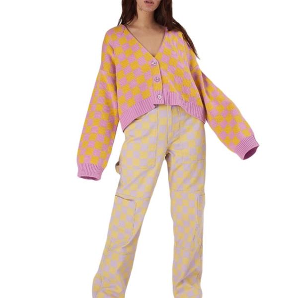 women's knits & tees women knitted cardigan splicing checked v-neck long sleeves button-open knit coat for girls yellow purple, White
women's knits & tees women knitted cardigan splicing checked v-neck long sleeves button-open knit coat for girls yellow purple, White