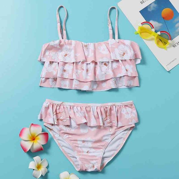 2020 children's Bikini split top girls' swimsuit for children aged 7-14, Pink