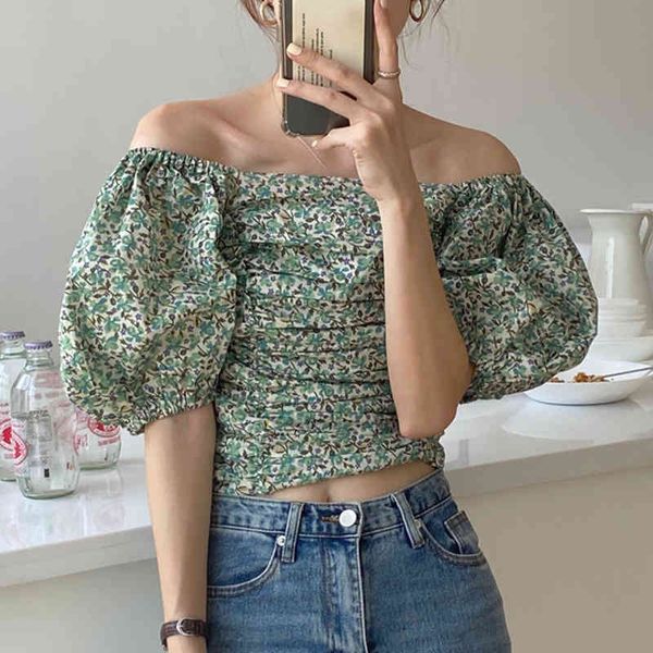 women's t-shirt korean temperament small one-line neck strapless short pleated slim floral puff sleeve shirt women btjc, White
women's t-shirt korean temperament small one-line neck strapless short pleated slim floral puff sleeve shirt women btjc, White