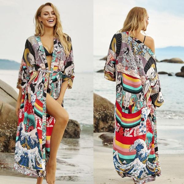 women's swimwear m89d women japanese geometry print long kimono cardigan 3/4 sleeve open front bikini cover up loose tie beach blouse, White;black
women's swimwear m89d women japanese geometry print long kimono cardigan 3/4 sleeve open front bikini cover up loose tie beach blouse, White;black