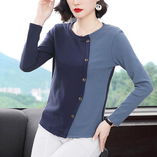women's t-shirt spring autumn color block patchwork women button o neck long sleeve cotton middle aged mom tees, White
women's t-shirt spring autumn color block patchwork women button o neck long sleeve cotton middle aged mom tees, White