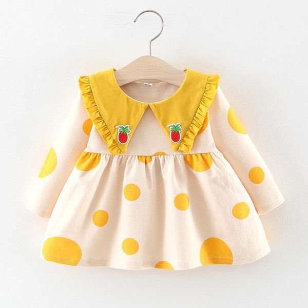 girl's dresses lovely toddler kids born baby girls dress denim polka dot printed long sleeve ruffle princess party tulle cute1, Red;yellow 
girl's dresses lovely toddler kids born baby girls dress denim polka dot printed long sleeve ruffle princess party tulle cute1, Red;yellow
