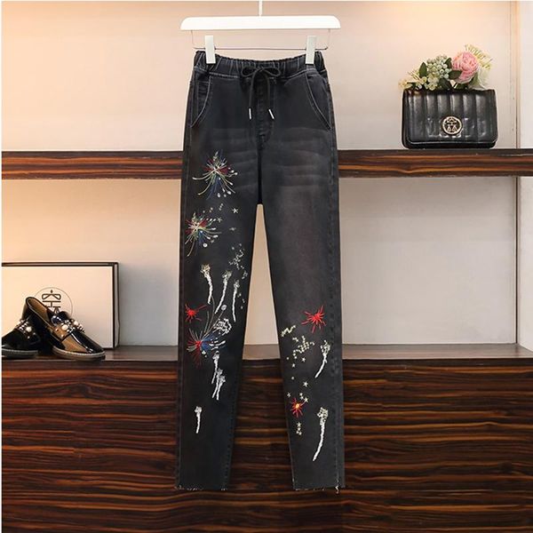 women's jeans elastic waist drawstring plus size women stretch embroidery ankle length harem pants female fashion radish denim mujer, Blue
women's jeans elastic waist drawstring plus size women stretch embroidery ankle length harem pants female fashion radish denim mujer, Blue