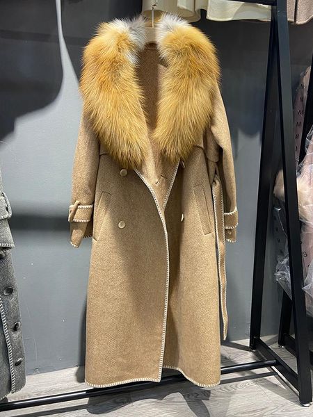 women's wool & blends women real fur collar woolen long winter coat with belt slim female outerwear jacket, Black
women's wool & blends women real fur collar woolen long winter coat with belt slim female outerwear jacket, Black