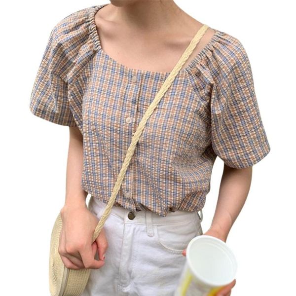 women's blouses & shirts plaid print square collar shirt korean style casual sweet short sleeve, White
women's blouses & shirts plaid print square collar shirt korean style casual sweet short sleeve, White