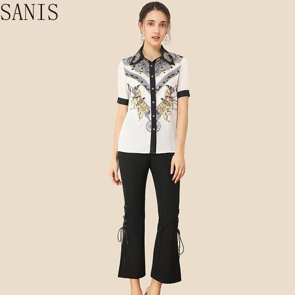 two piece dress sanis summer suits women's casual short sleeve beading print shirt + elegant black pants pieces set office vintage suit, White
two piece dress sanis summer suits women's casual short sleeve beading print shirt + elegant black pants pieces set office vintage suit, White