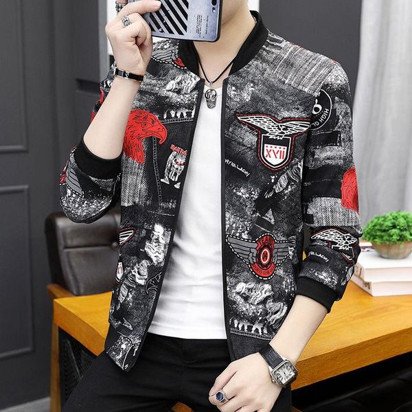 men's jackets fashion spring and autumn flower jacket self-cultivation suit baseball one-piece top, Black;brown