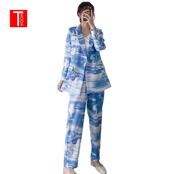 women's two piece pants tmoda603 women blazers suit print notched double breasted blazer jacket & pant 2021 office wear 2 set suits, White 
women's two piece pants tmoda603 women blazers suit print notched double breasted blazer jacket & pant 2021 office wear 2 set suits, White