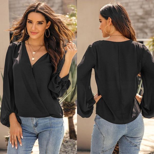 women's blouses & shirts solid color v-neck one-button lantern-sleeved shirt casual loose personality cross temperament commuting caree, White
women's blouses & shirts solid color v-neck one-button lantern-sleeved shirt casual loose personality cross temperament commuting caree, White