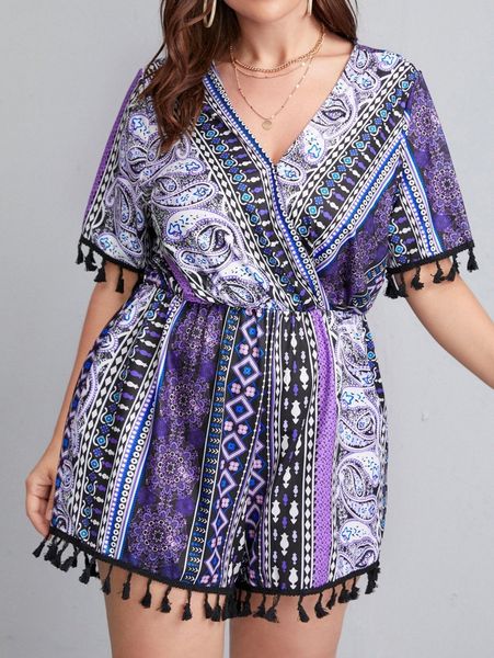 plus tassel trim geo print romper q3ou#, Black
plus tassel trim geo print romper q3ou#, Black