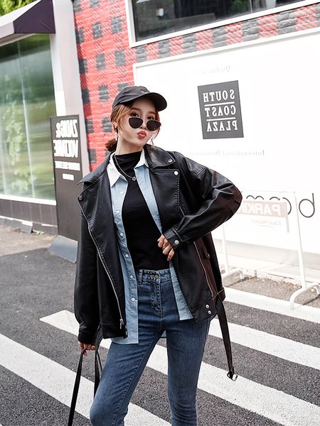 2021 spring and autumn new solid motorcycle pu belt oversize loose full leather women's jacket 80s7, Black;brown 
2021 spring and autumn new solid motorcycle pu belt oversize loose full leather women's jacket 80s7, Black;brown