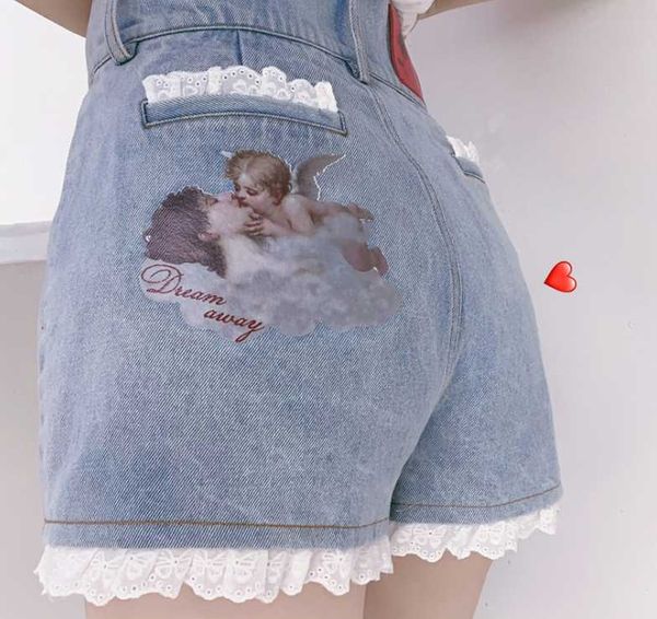 women's shorts kawaii lolita style women denim lace angel printed cartoon print high waist, White;black
women's shorts kawaii lolita style women denim lace angel printed cartoon print high waist, White;black