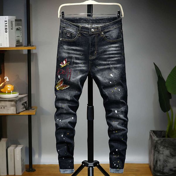 new fashion brand embroidered jeans men's slim straight elastic personalized embroidery trend casual leg pants, Blue
new fashion brand embroidered jeans men's slim straight elastic personalized embroidery trend casual leg pants, Blue