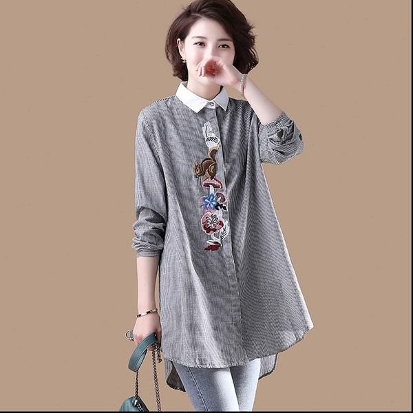 long shirt women blouse plus size striped embroidery ladies office shirt cotton linen long sleeve casual, White
long shirt women blouse plus size striped embroidery ladies office shirt cotton linen long sleeve casual, White
