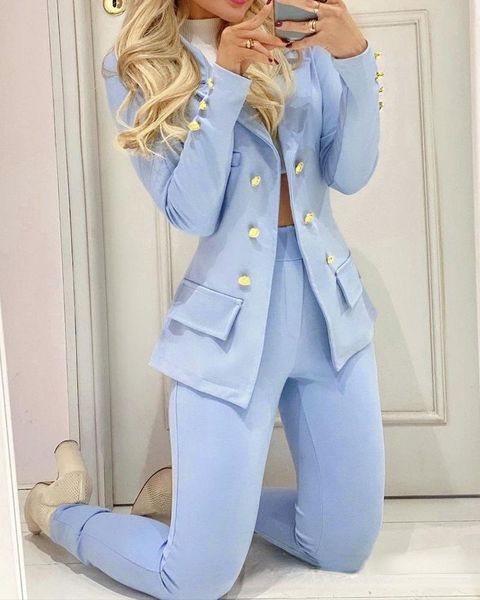 women's two piece pants autumn lapel double row button suit coat solid color straight casual temperament commuting two-piece women, White
women's two piece pants autumn lapel double row button suit coat solid color straight casual temperament commuting two-piece women, White