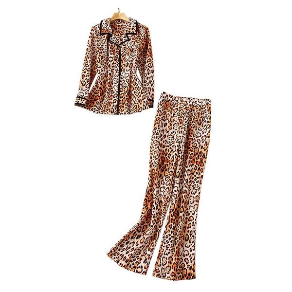women's two piece pants women pieces outfits set leopard shirt + animal print long, White