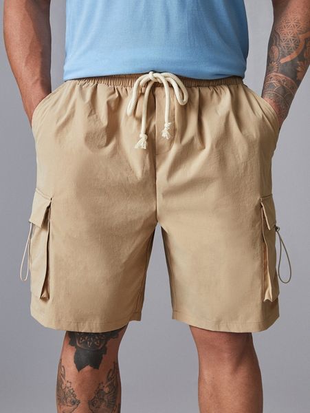 extended sizes men drawstring waist flap pocket shorts z4f5#, Black