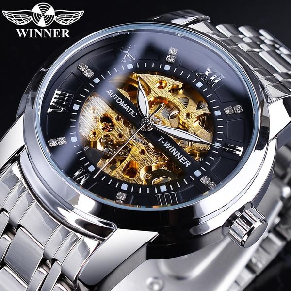 winner golden black skeleton dial mode diamond automatic mechanical clock sier stainless steel waterproof lightning, Slivery;brown
winner golden black skeleton dial mode diamond automatic mechanical clock sier stainless steel waterproof lightning, Slivery;brown