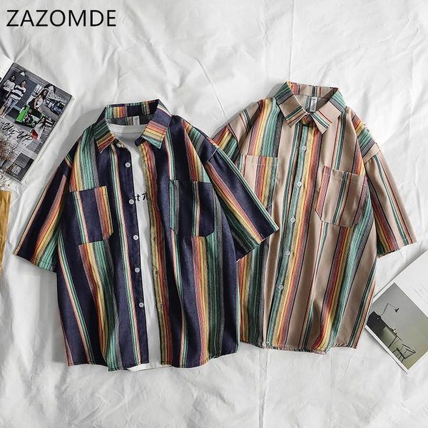 men's casual shirts short-sleeved shirt 2021 spring and summer rainbow striped young personality trend clothing men oversize, White;black
men's casual shirts short-sleeved shirt 2021 spring and summer rainbow striped young personality trend clothing men oversize, White;black