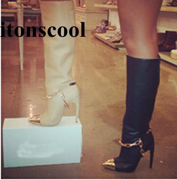 boots selling women fashion spike gold toe knee high gladiator black white leather long heel chain design
boots selling women fashion spike gold toe knee high gladiator black white leather long heel chain design