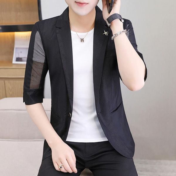 men's suits & blazers summer medium-sleeved sun-protective clothing ice silk small suit male hairstylist hollow short sleeved thin coat, White;black
men's suits & blazers summer medium-sleeved sun-protective clothing ice silk small suit male hairstylist hollow short sleeved thin coat, White;black